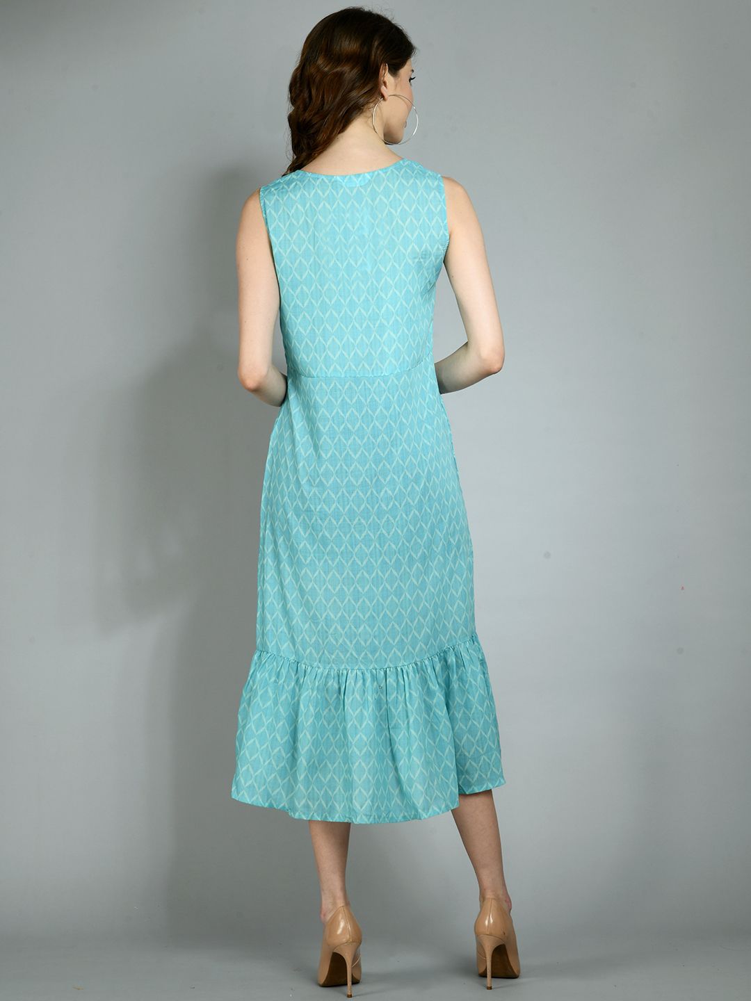Women's Blue Poly Cotton Printed Sleeveless Round Neck Casual Dress - Myshka
