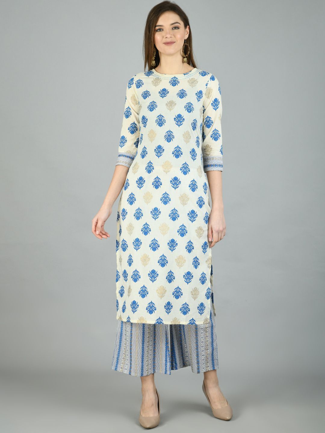 Women's Multi Cotton Printed 3/4 Sleeve Round Neck Casual Kurta Palazzo Set - Myshka