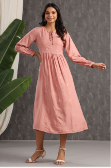 Women's Onionpink Rayon Embroidered A-Line Dress - Juniper