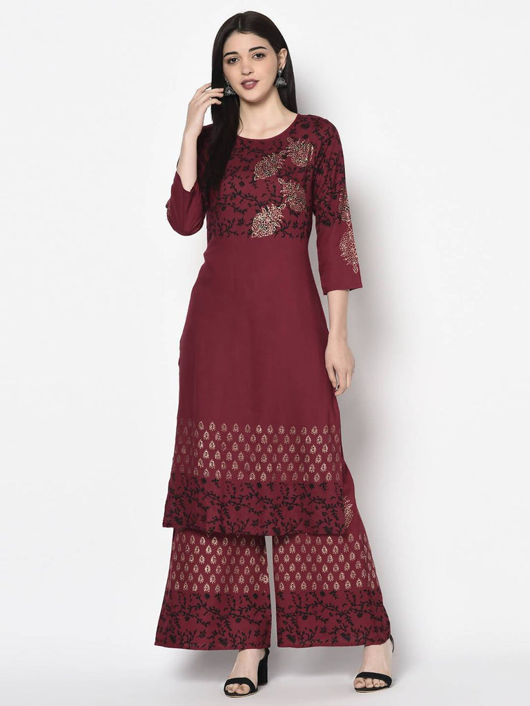 Women's Maroon Rayon Block Print Flared slip-on Palazzo