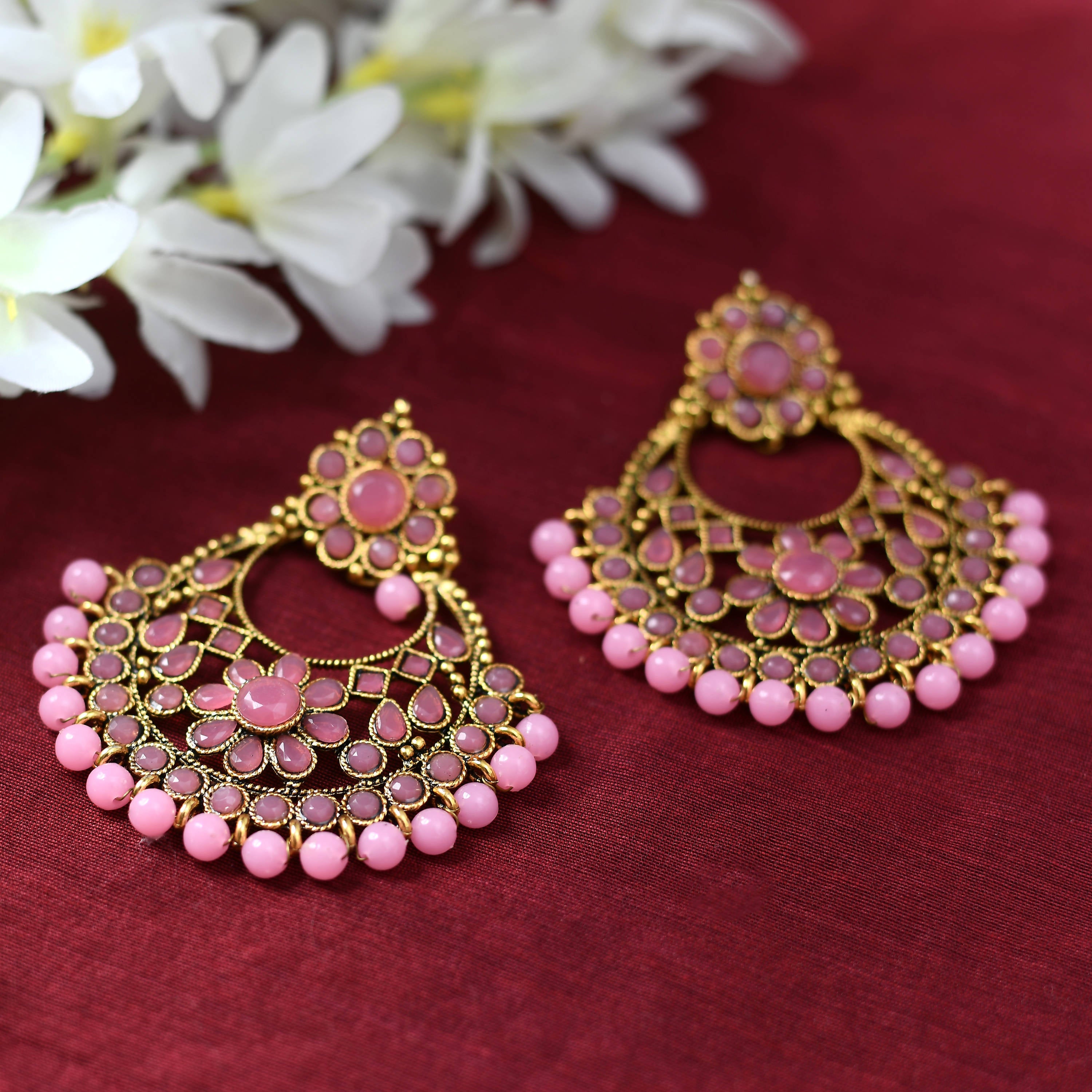 Golden and Pink beaded Earrings by Kamal Johar (1 Pc Set)
