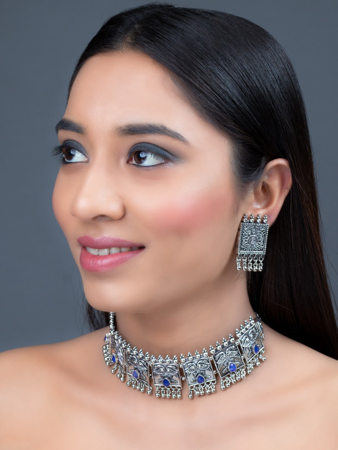 Women's Oxidised Silver-Pated Blue Stone-Studded Jewellery Set - Morkanth