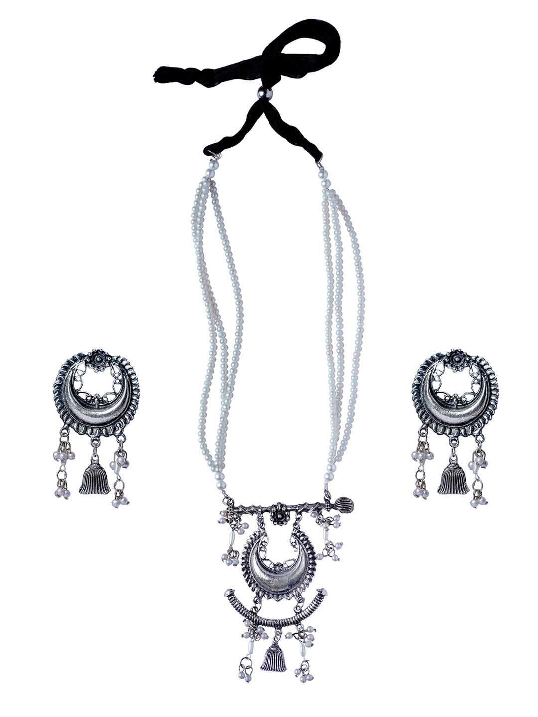 Women's Oxidised Silver - Plated Pearls Studded Jewellery Set - Morkanth