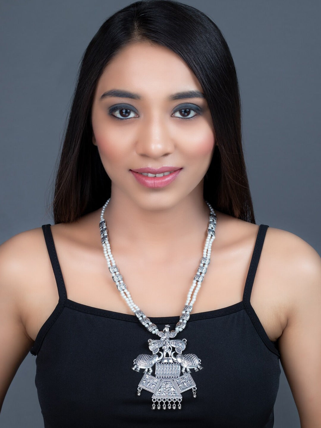 Women's Silver-Toned Silver-Plated Oxidised Necklace - Morkanth
