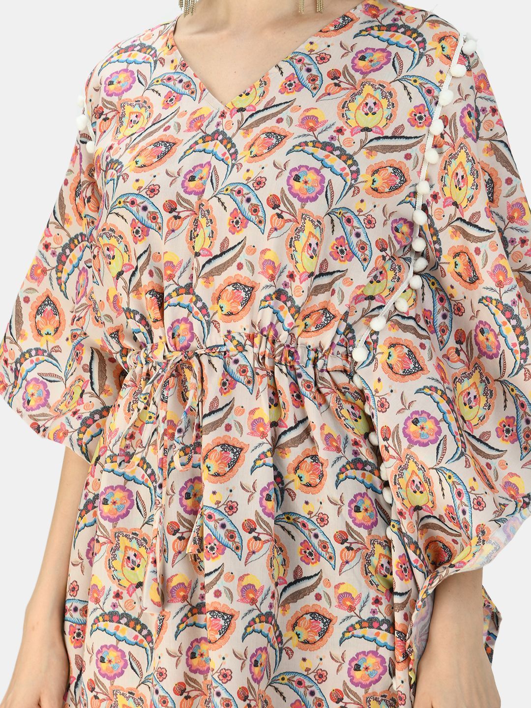 Women's Multicolor Silk Blend Printed Half Sleeve V Neck Casual Kaftaan - Myshka