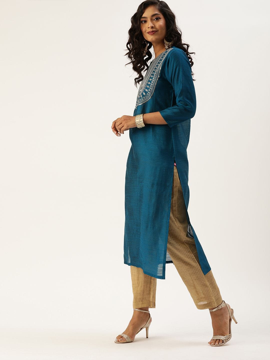 Women's Teal Blue & Beige Sequined Yoke Design Kurta With Trousers & Dupatta - Varanga