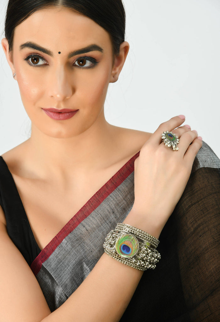 Johar Kamal Oxidised Silver-Plated Peacock Design Bracelet and Ring