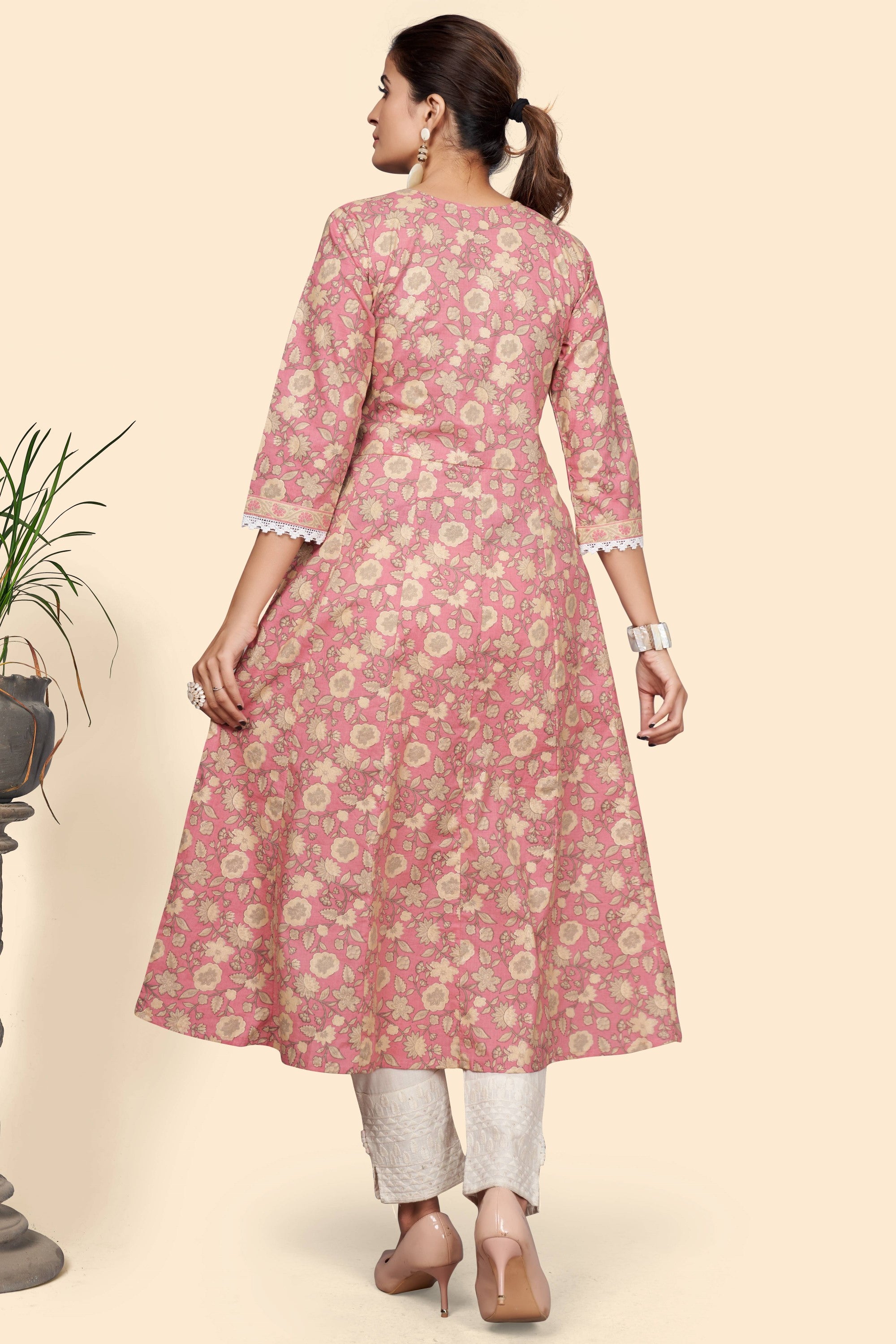 Women's Print & Embroidered A-Line Cotton Pink Stitched Kurta - Vbuyz