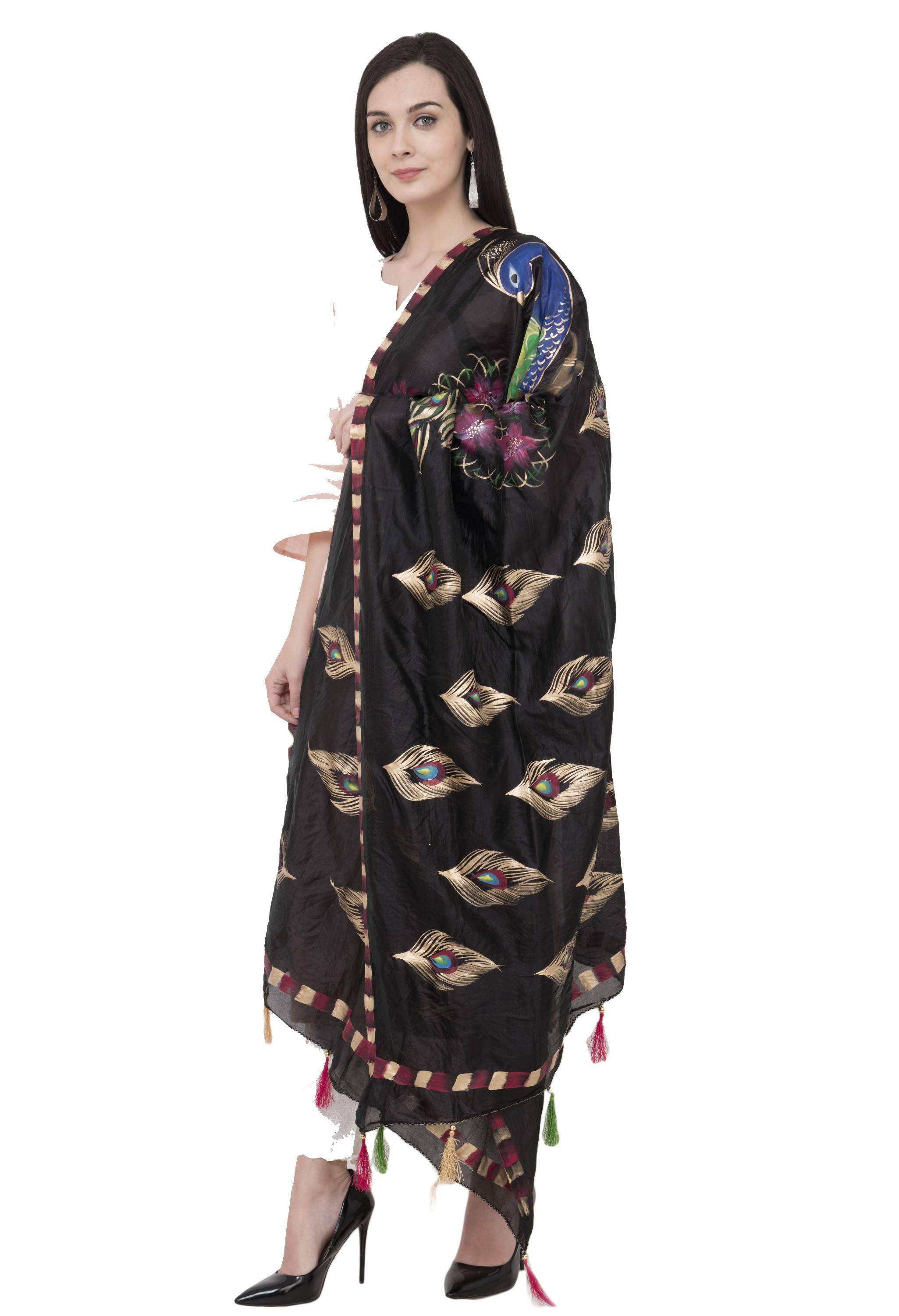 A R Silk Silk Peacock Multi Fancy Dupatta Color Black Dupatta or Chunni