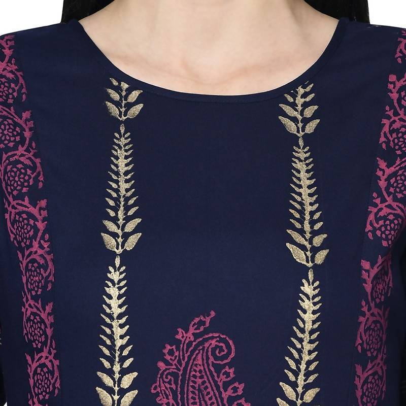 Women's Navy Blue Rayon Block print A-line flared long kurta Palazzo set with two front slit