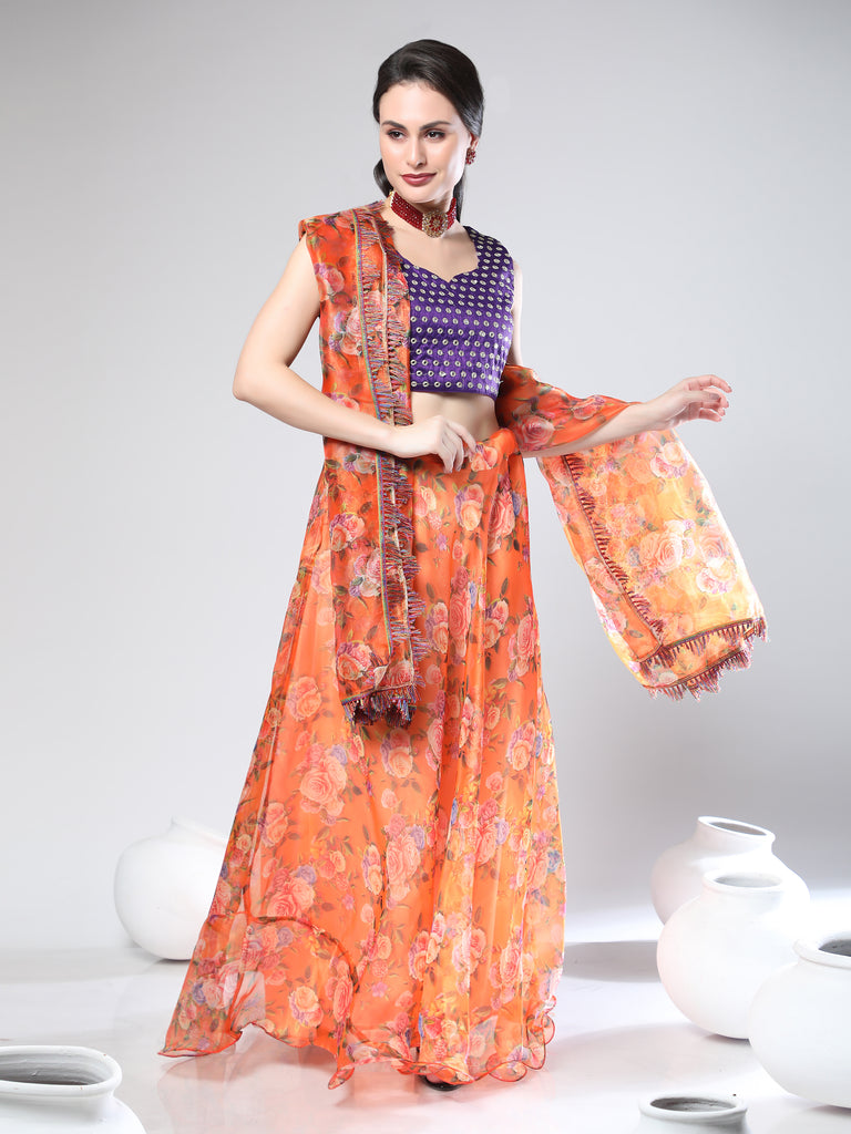 Women's Orange color Semi-Stitched  Lehenga Choli with Dupatta