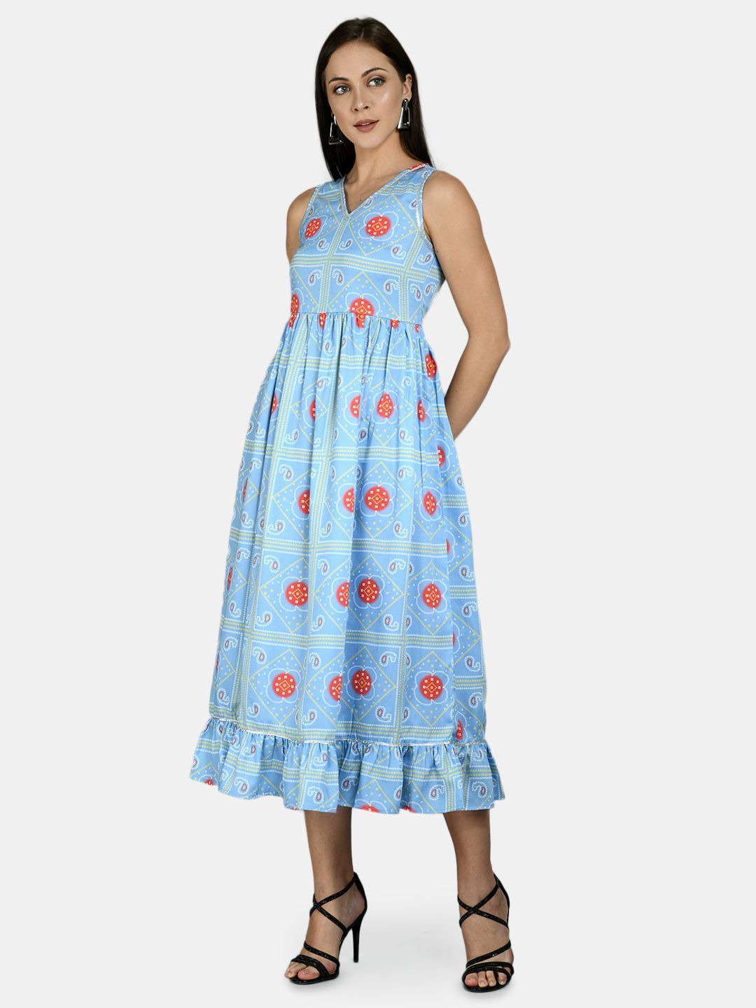 Women Sky Blue Printed Cotton Dress by Myshka (1 Pc Set)