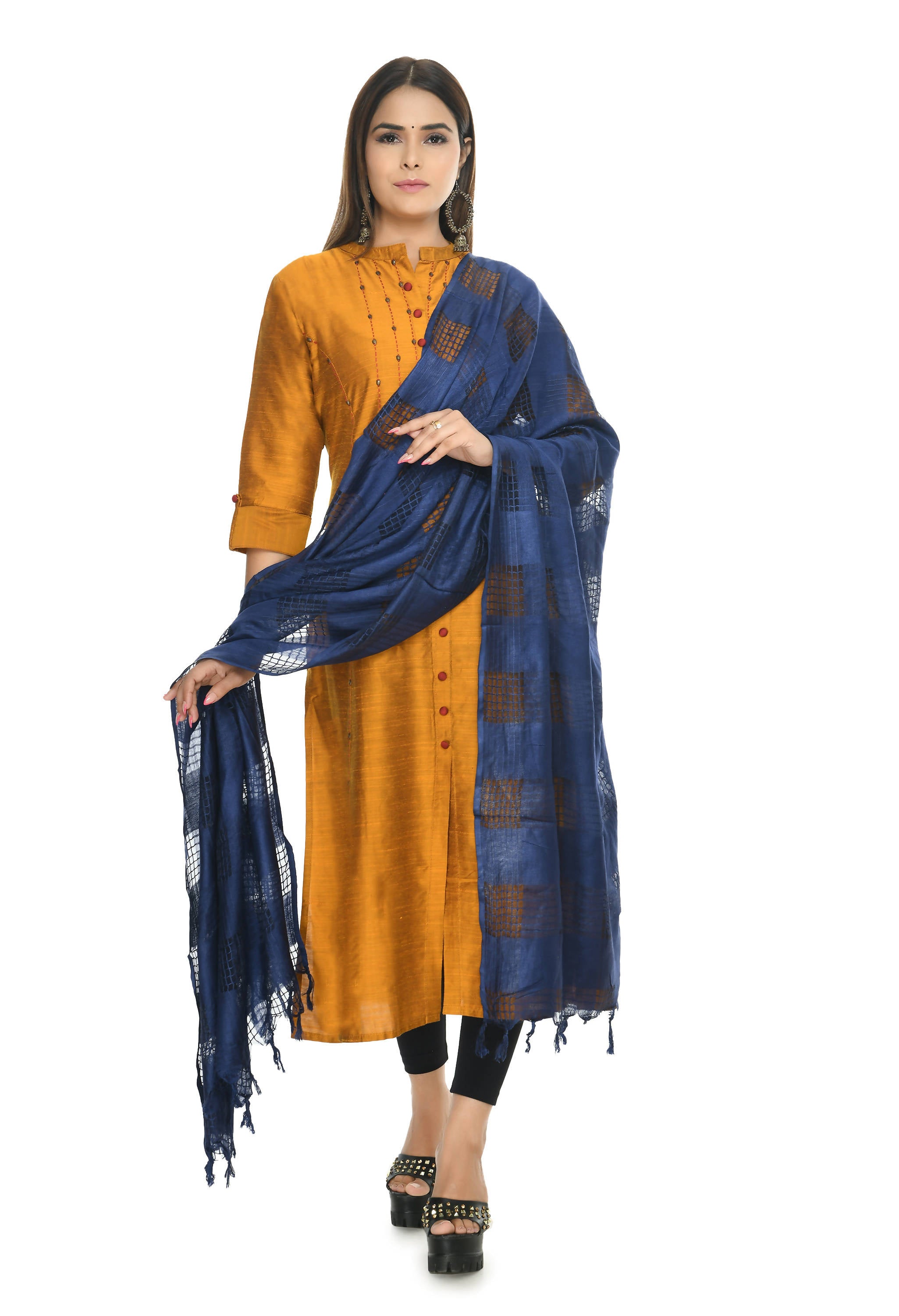 Women's Navy Blue Colour Window Design Cotton Dupatta Mfd0013 - Moeza