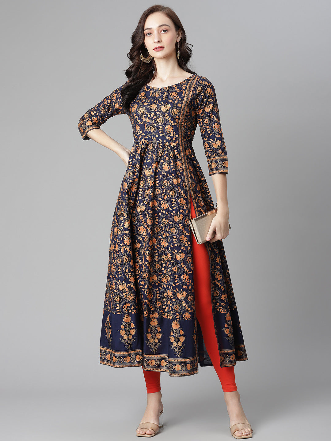 Women's Blue Cotton Printed Anarkali Kurta With Legging - Noz2Toz