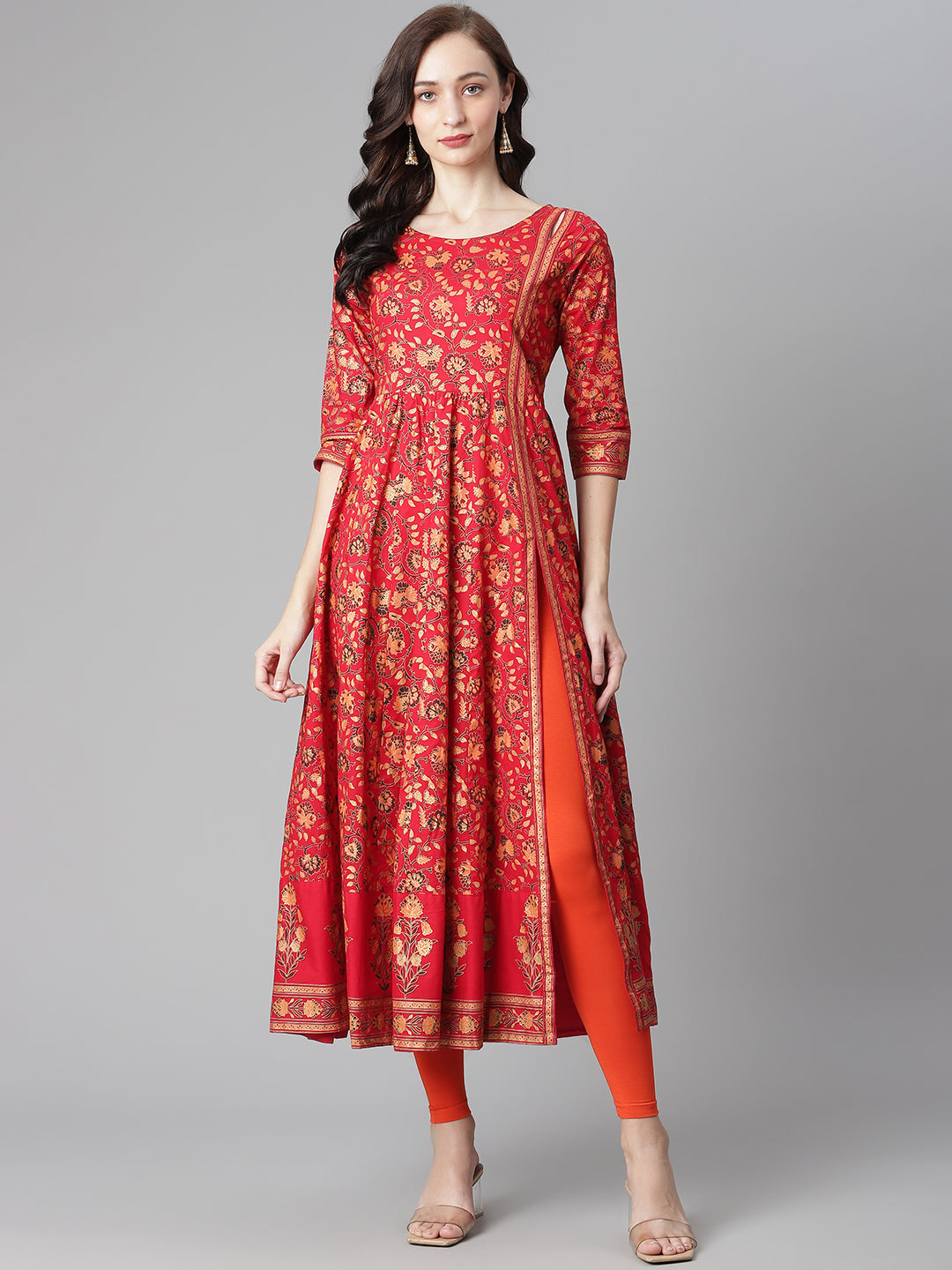 Women's Red Cotton Printed Anarkali Kurta With Legging - Noz2Toz
