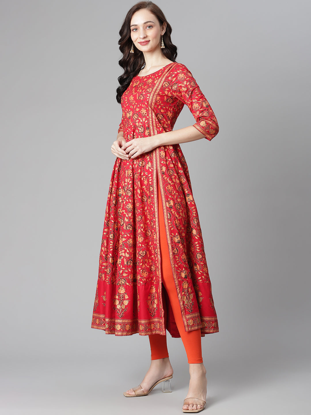 Women's Red Cotton Printed Anarkali Kurta With Legging - Noz2Toz