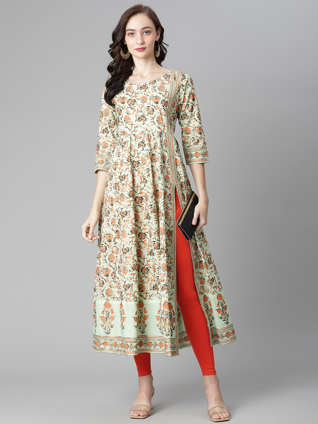 Women's Sea-Green Cotton Printed Anarkali Kurta With Legging - Noz2Toz