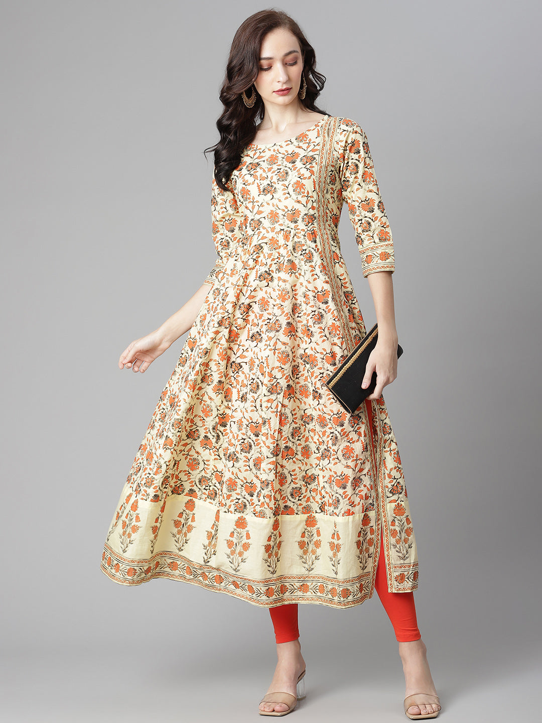 Women's Yellow Cotton Printed Anarkali Kurta With Legging - Noz2Toz