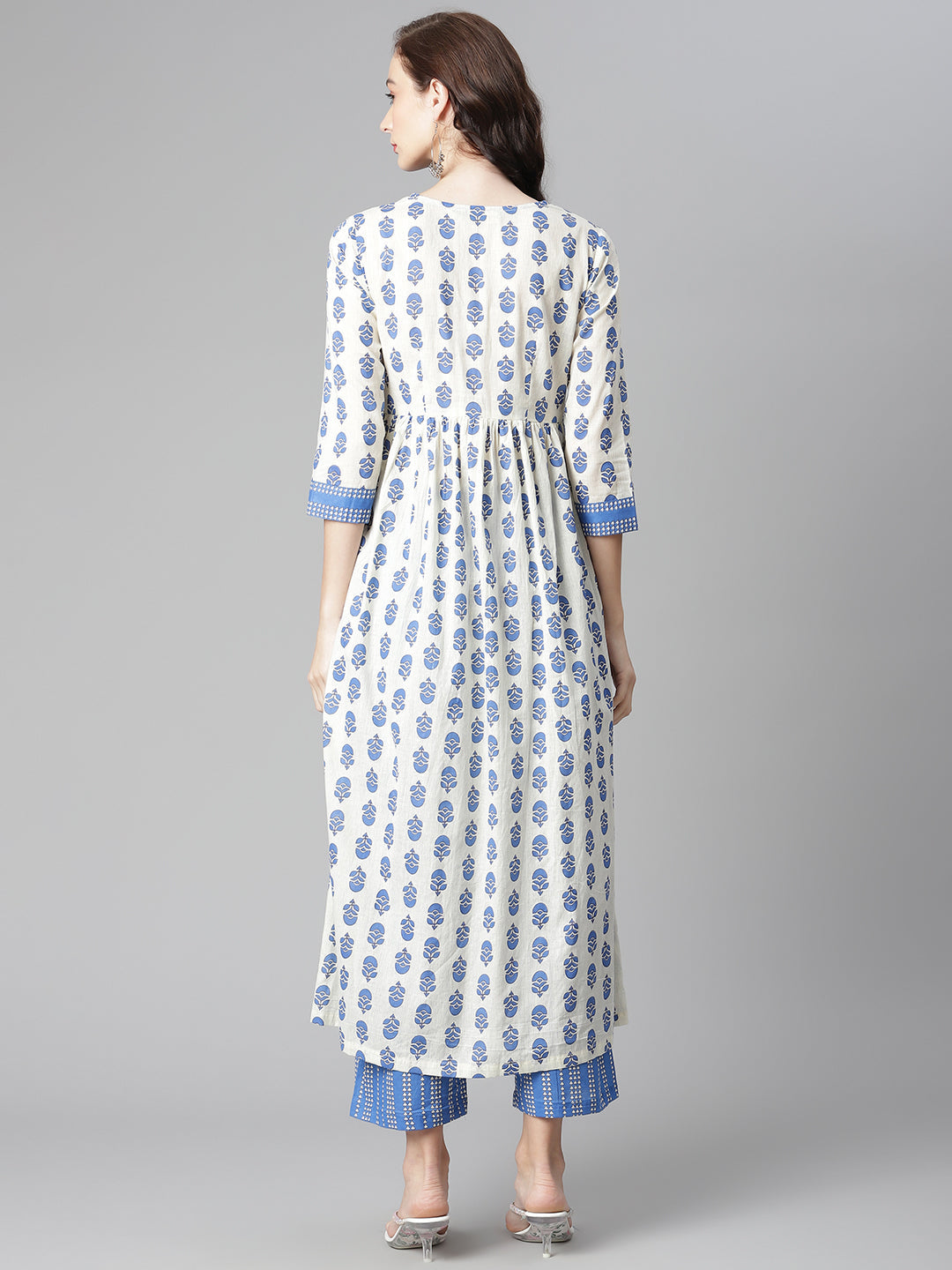 Women's Off-White-Blue Cotton Printed Front Slit A-Line Kurta With Palazzo - Noz2Toz