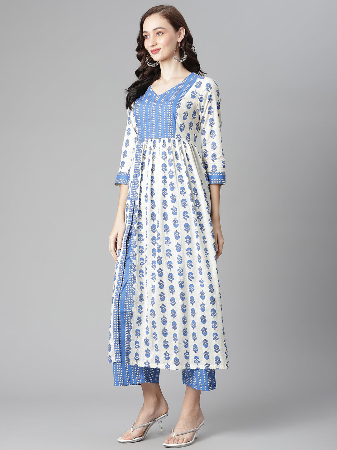 Women's Off-White-Blue Cotton Printed Front Slit A-Line Kurta With Palazzo - Noz2Toz