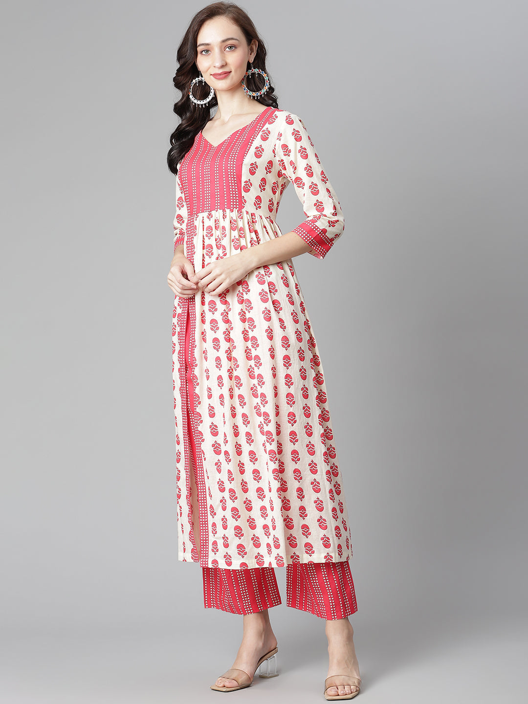 Women's Off-White-Red Cotton Printed Front Slit A-Line Kurta With Palazzo - Noz2Toz