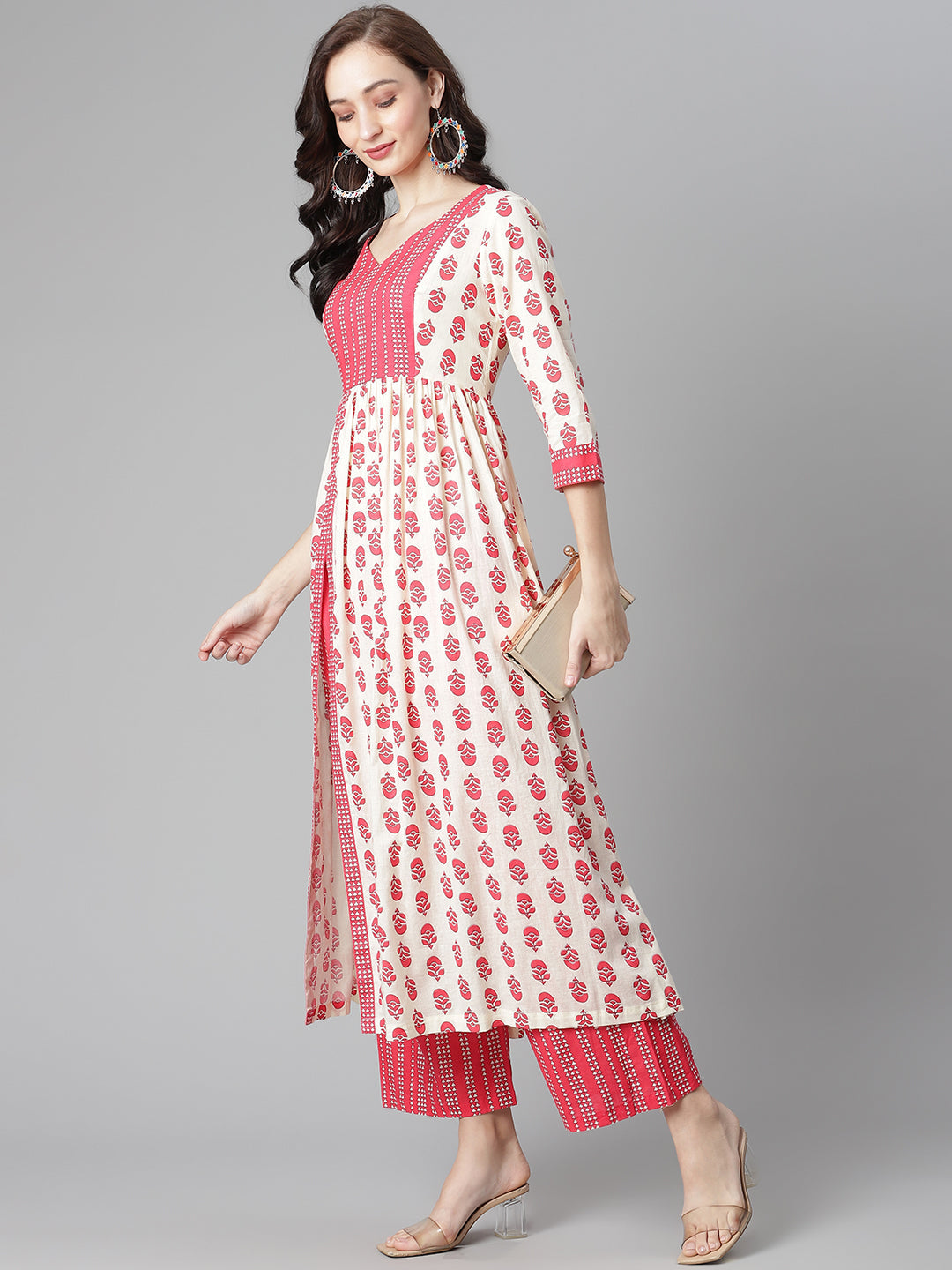 Women's Off-White-Red Cotton Printed Front Slit A-Line Kurta With Palazzo - Noz2Toz