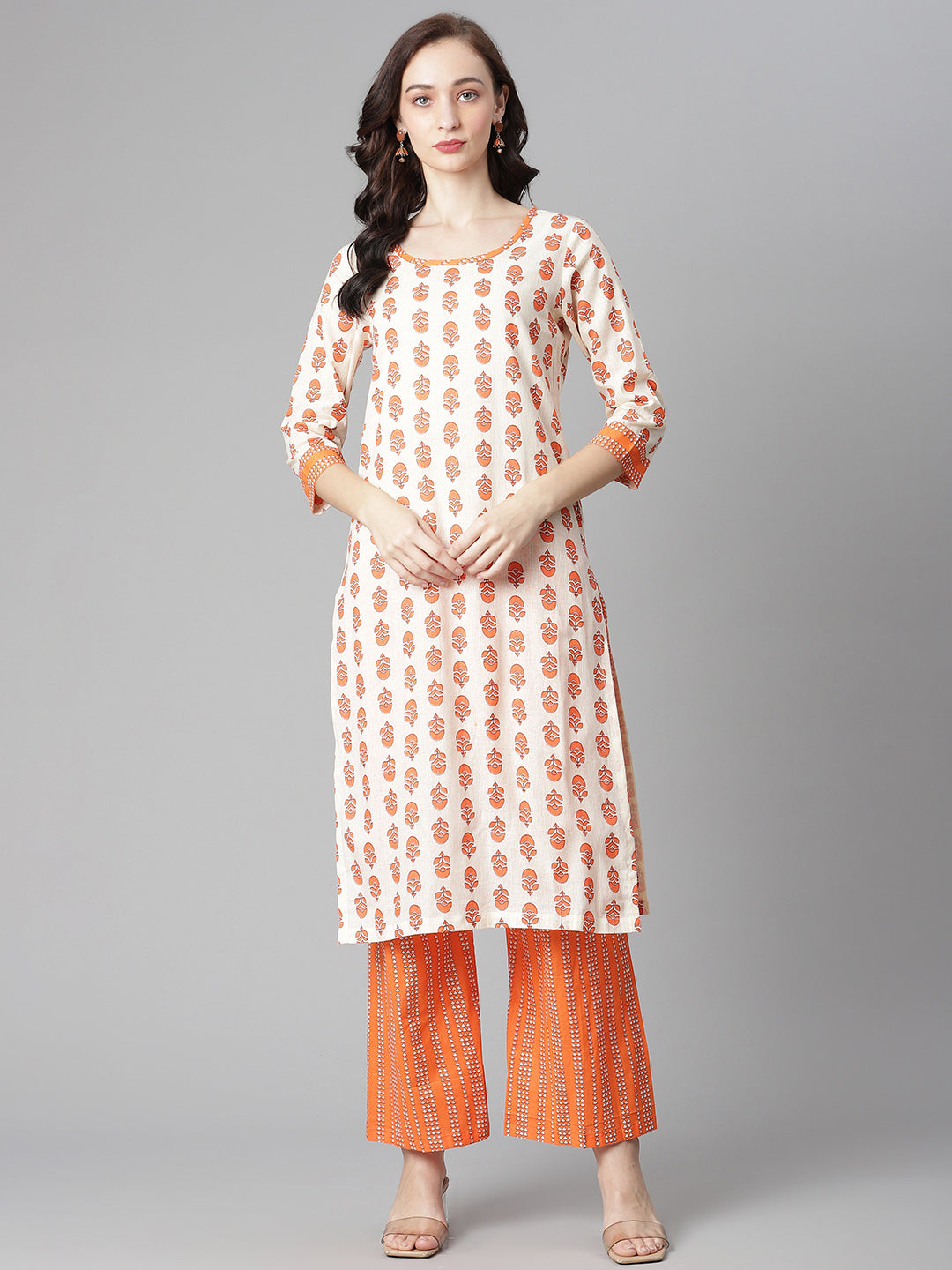 Women's Off-White-Orange Cotton Print Straight Kurta With Palazzo - Noz2Toz