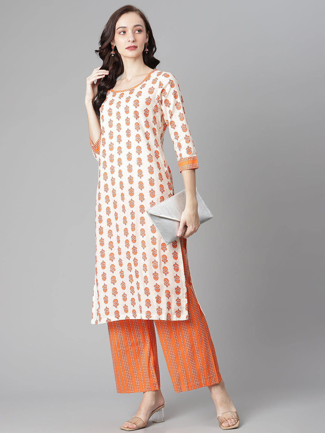 Women's Off-White-Orange Cotton Print Straight Kurta With Palazzo - Noz2Toz