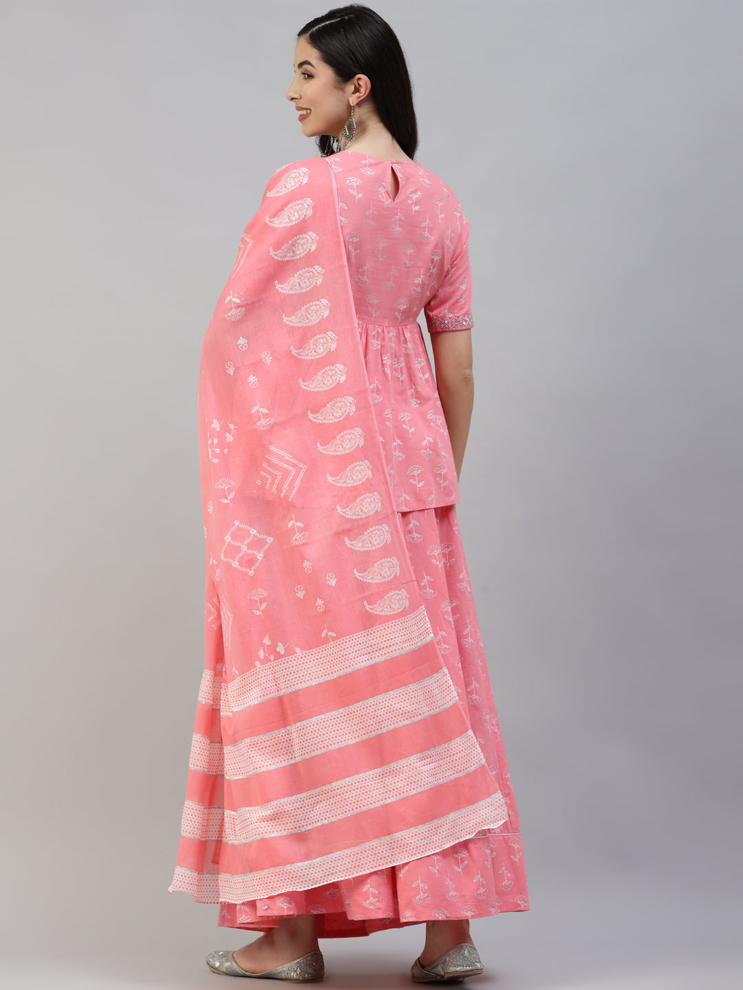 Women's Pink Silver Zari Cotton Printed Lehanga And Choli Wih Cotton Printed Dupatta - Noz2Toz