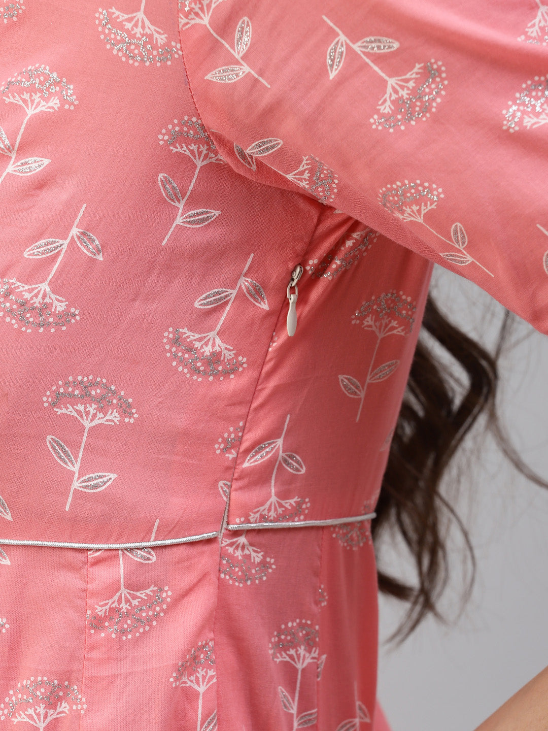 Women's Pink Cotton Silver Printed Embroidery Anarkali Kurta - Noz2Toz