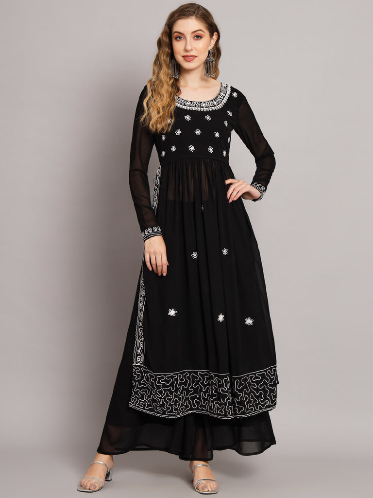 Women's Black georgette Aari work A-Line Kurta with Sharara