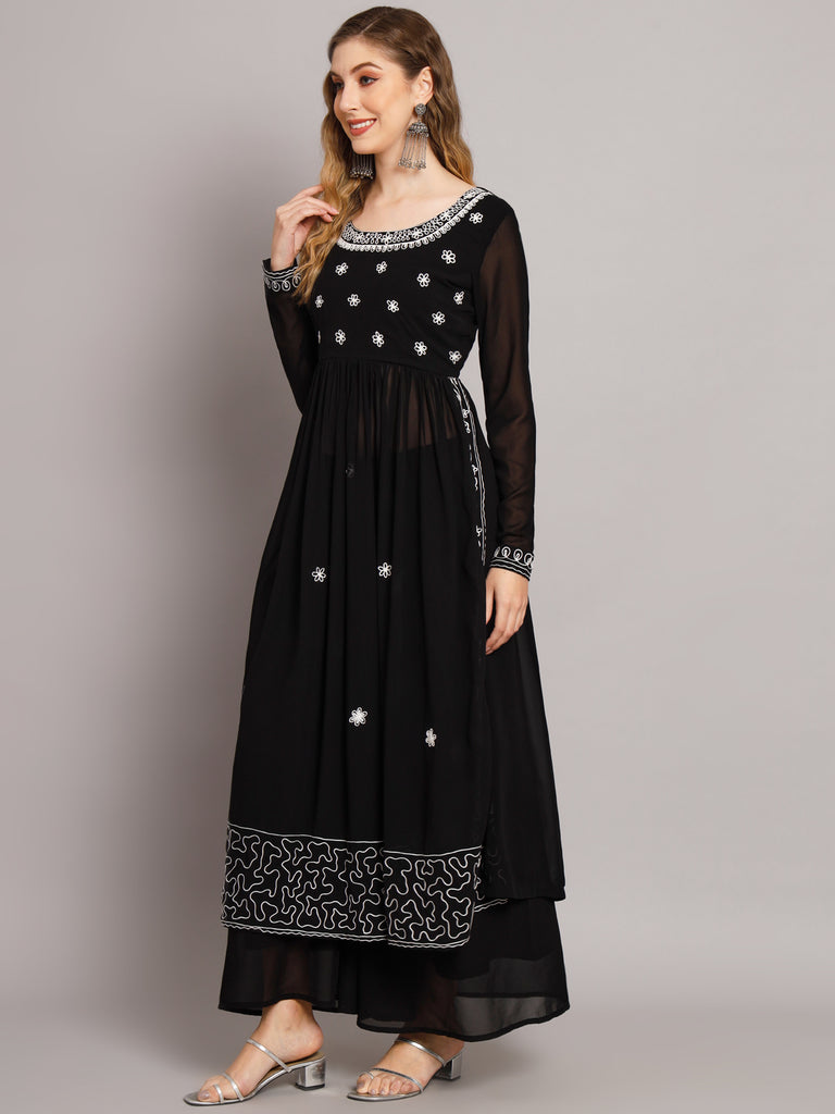 Women's Black georgette Aari work A-Line Kurta with Sharara