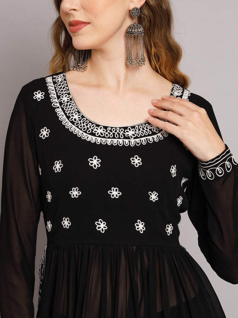 Women's Black georgette Aari work A-Line Kurta with Sharara