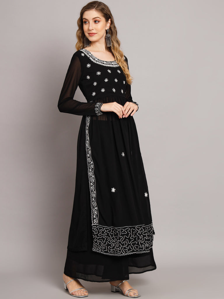 Women's Black georgette Aari work A-Line Kurta with Sharara