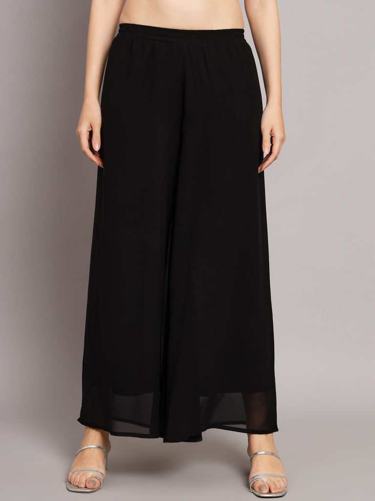 Women's Black georgette Aari work A-Line Kurta with Sharara