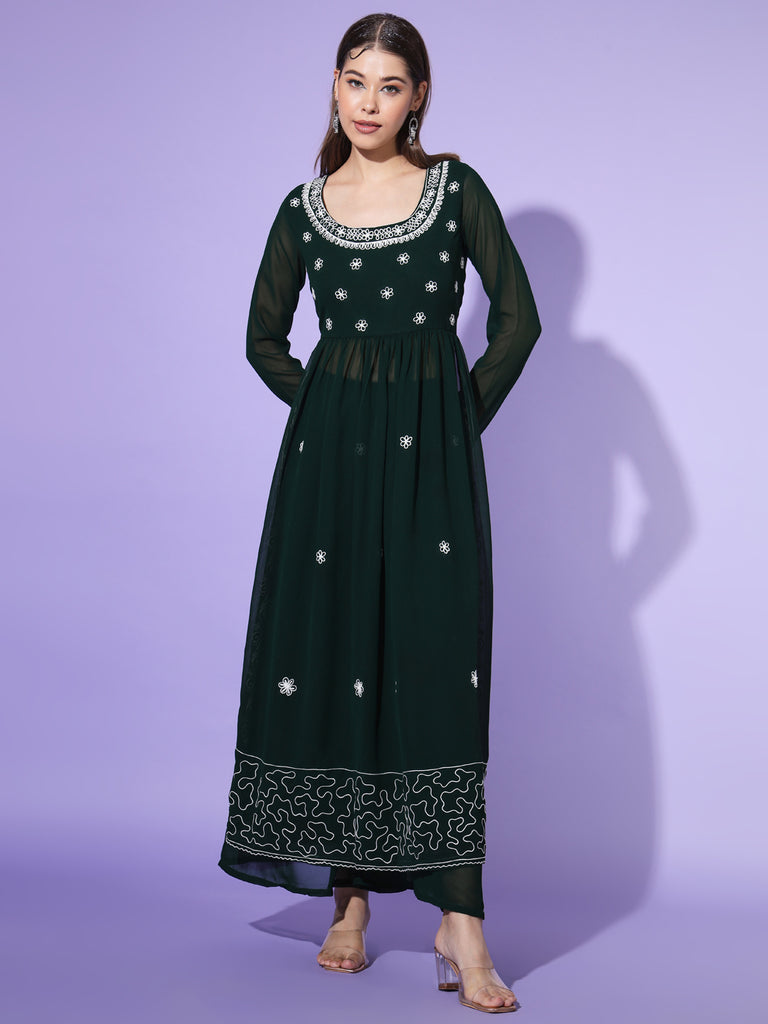 Women's Green georgette Aari work A-Line Kurta with Sharara