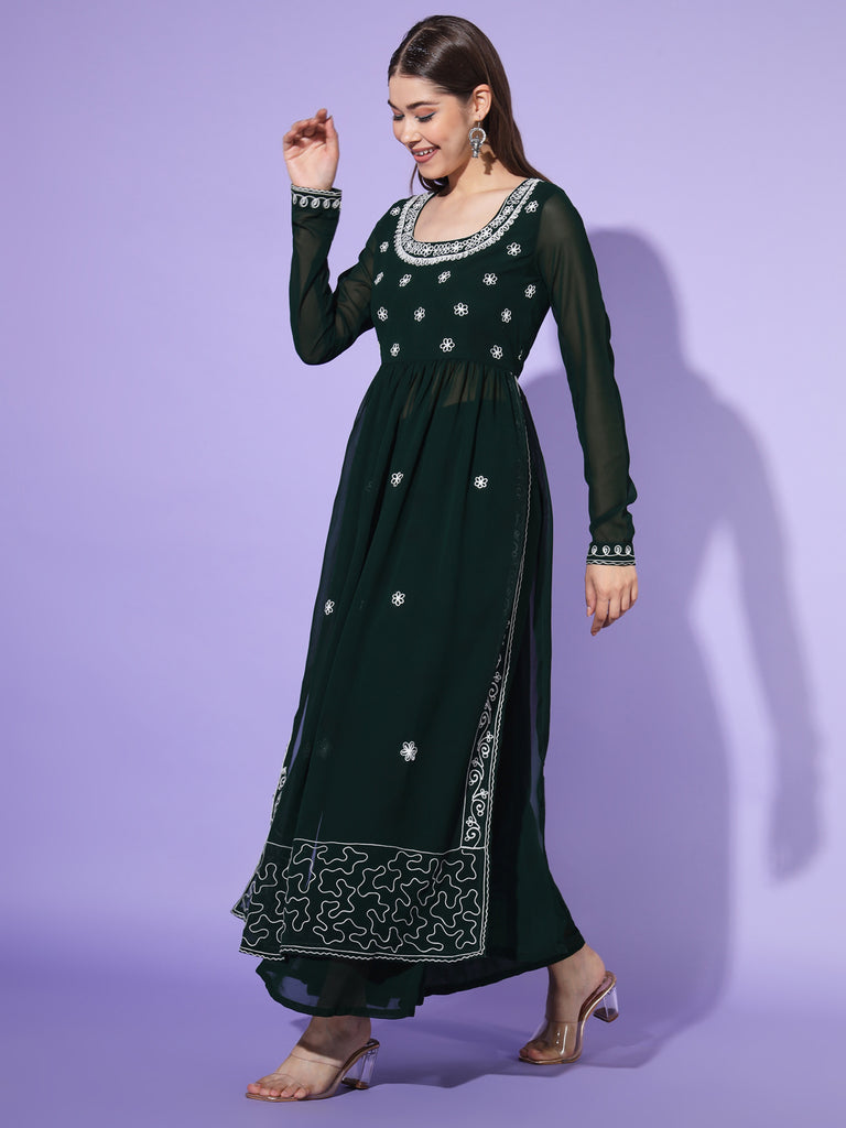 Women's Green georgette Aari work A-Line Kurta with Sharara