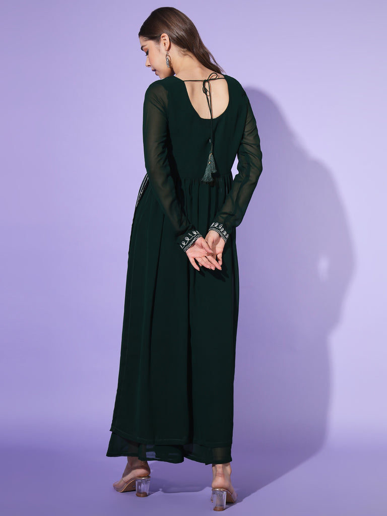 Women's Green georgette Aari work A-Line Kurta with Sharara