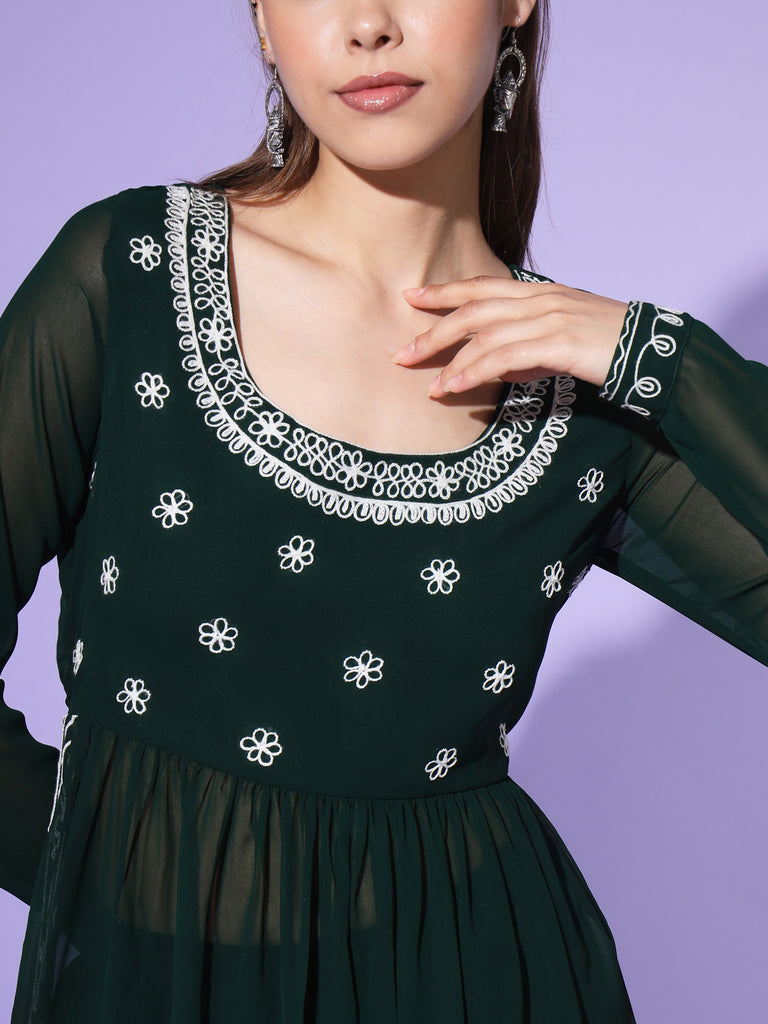 Women's Green georgette Aari work A-Line Kurta with Sharara