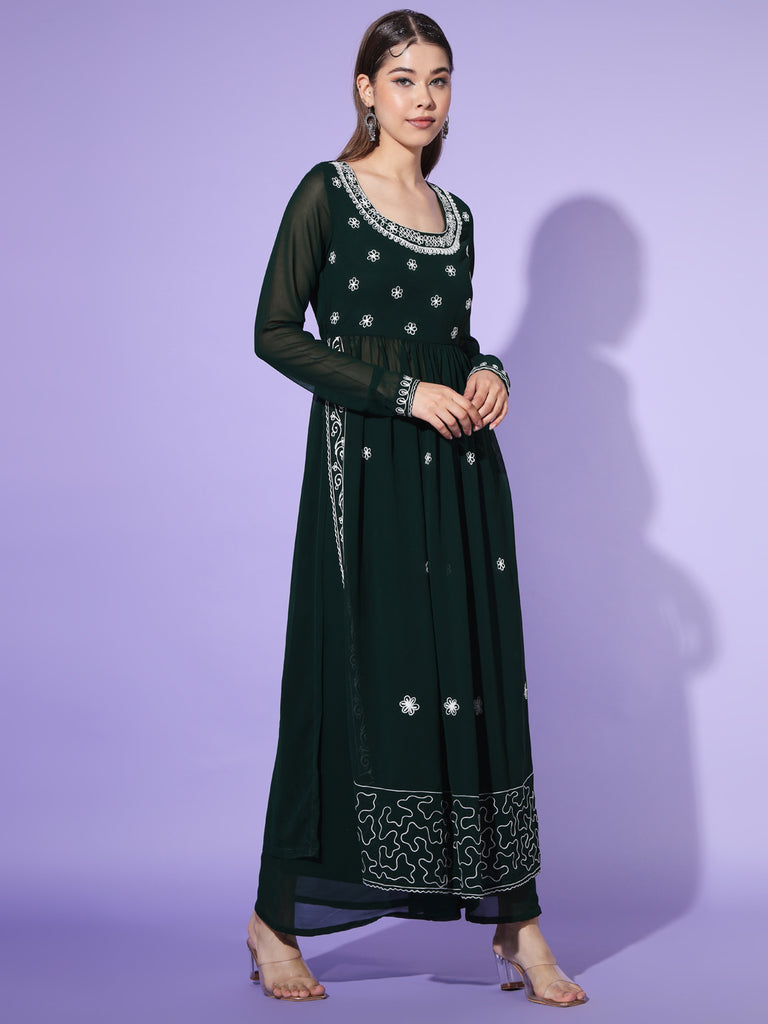 Women's Green georgette Aari work A-Line Kurta with Sharara