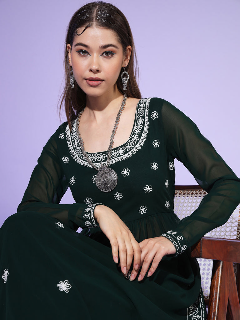 Women's Green georgette Aari work A-Line Kurta with Sharara
