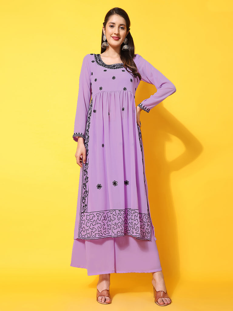 Women's Lavender georgette Aari work A-Line Kurta with Sharara
