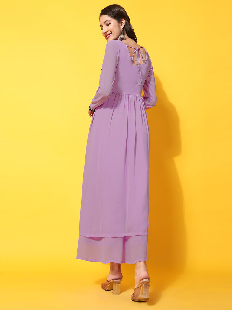 Women's Lavender georgette Aari work A-Line Kurta with Sharara