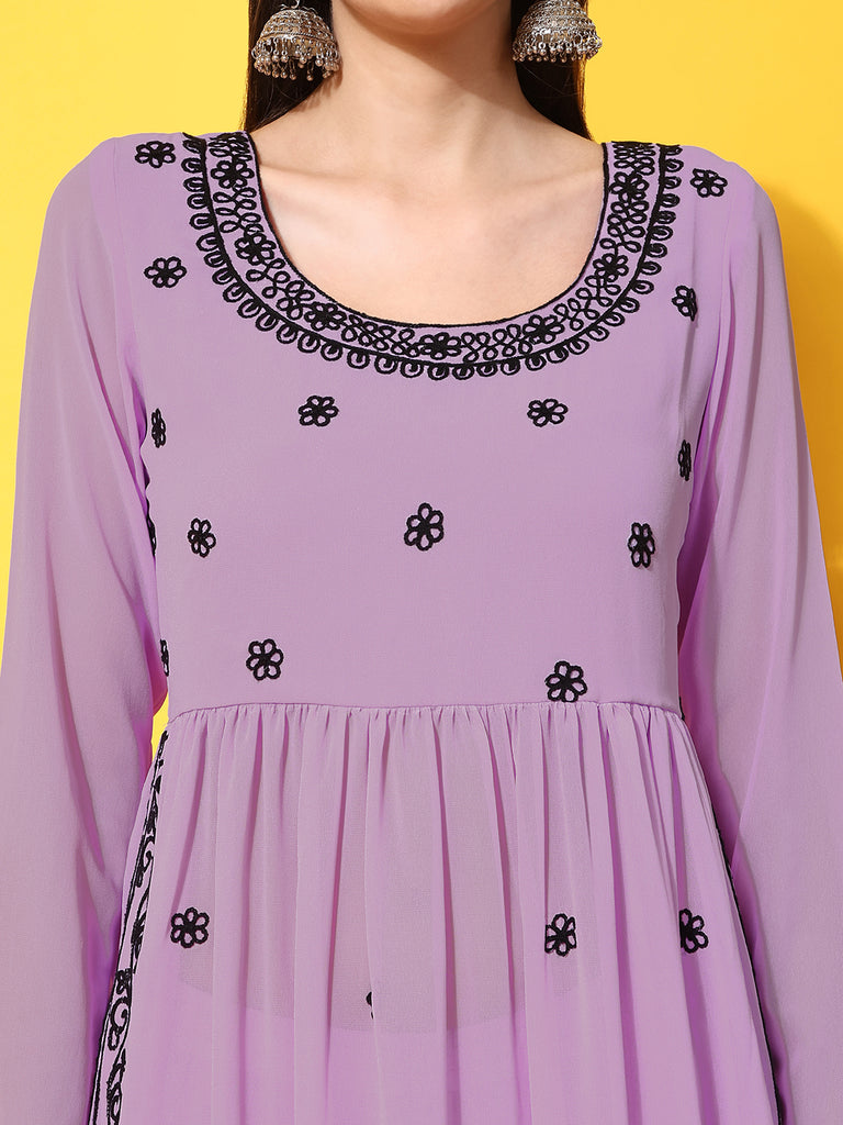 Women's Lavender georgette Aari work A-Line Kurta with Sharara