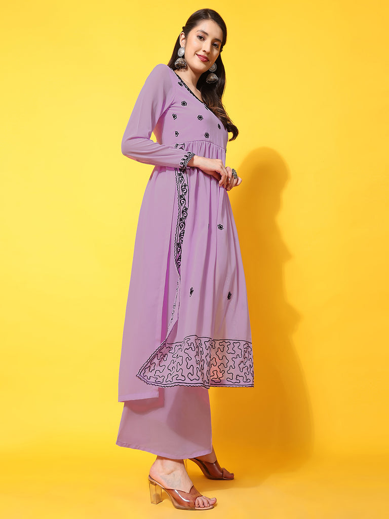 Women's Lavender georgette Aari work A-Line Kurta with Sharara