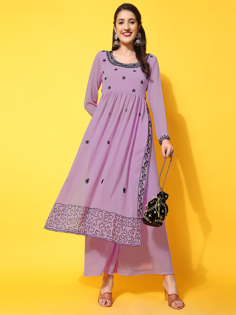 Women's Lavender georgette Aari work A-Line Kurta with Sharara