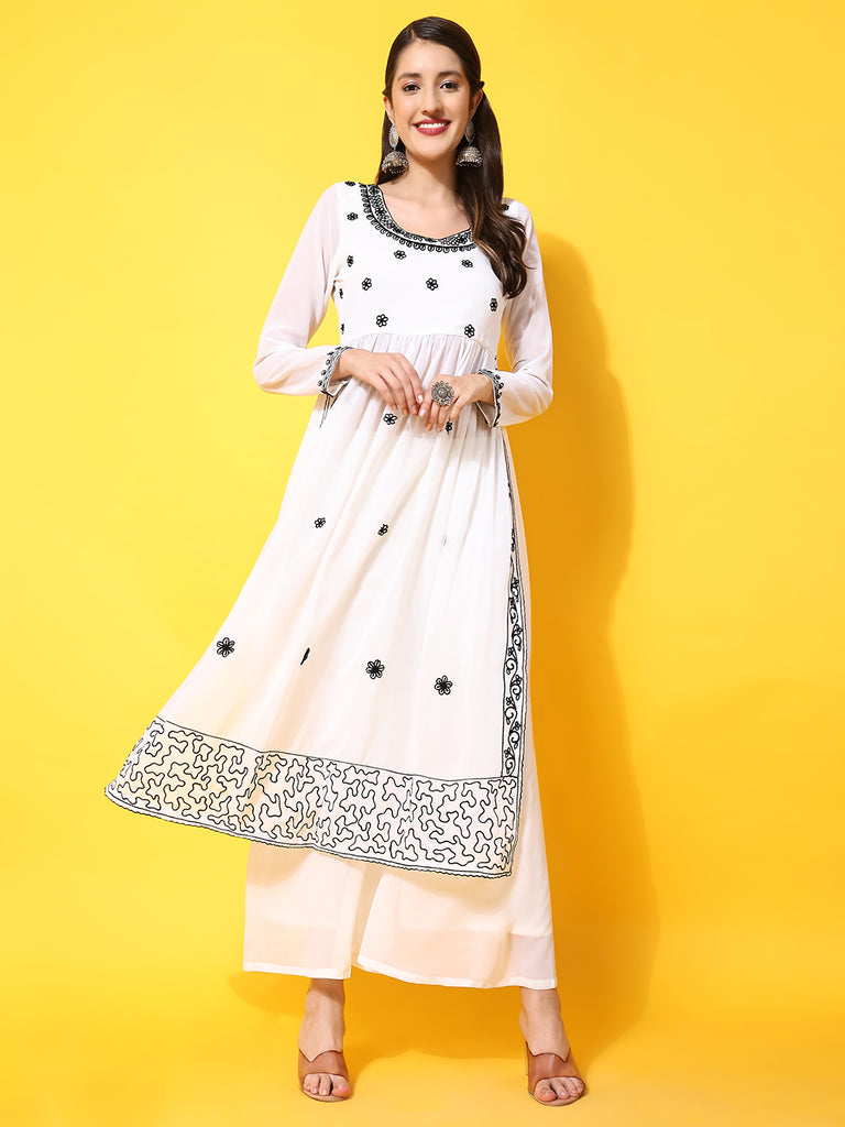 Women's Off-White georgette Aari work A-Line Kurta with Sharara