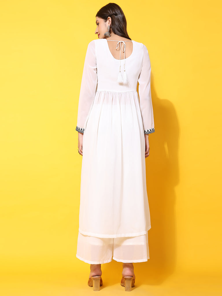 Women's Off-White georgette Aari work A-Line Kurta with Sharara