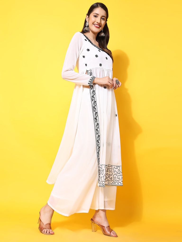 Women's Off-White georgette Aari work A-Line Kurta with Sharara