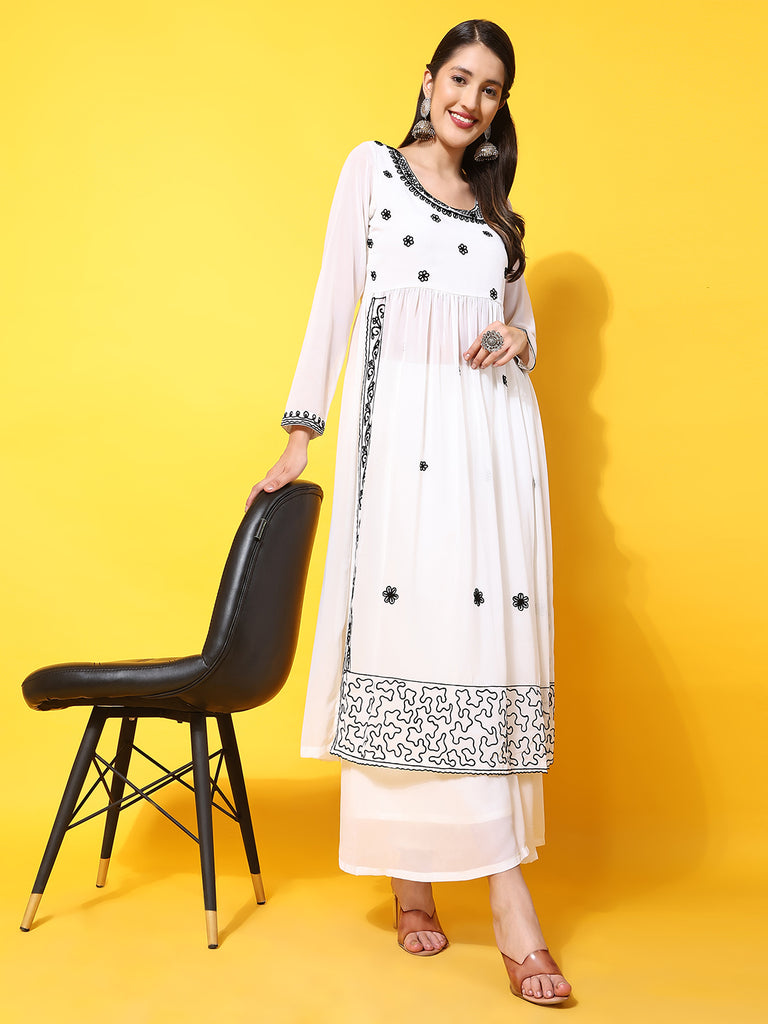 Women's Off-White georgette Aari work A-Line Kurta with Sharara